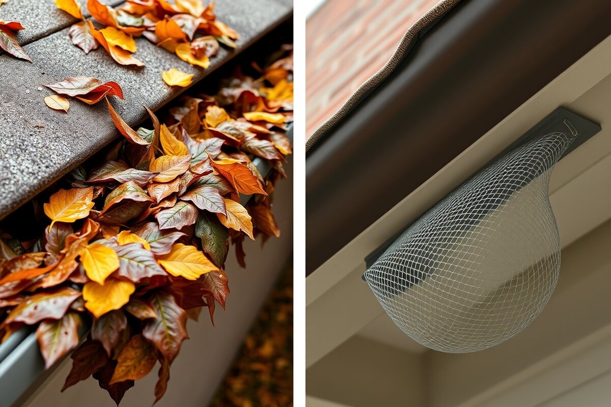 Micro-mesh gutter guard installed on a New England home&rsquo;s roof edge, filtering out oak and maple leaves while channeling rainwater