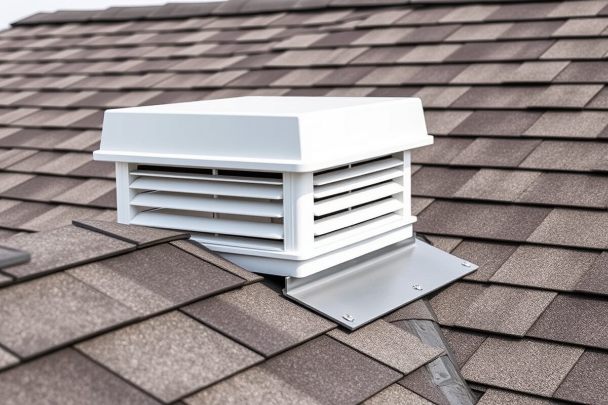 Cross-section of a New England attic showing soffit intake vents at the eaves and a continuous ridge vent at the peak keeping the roof deck cold