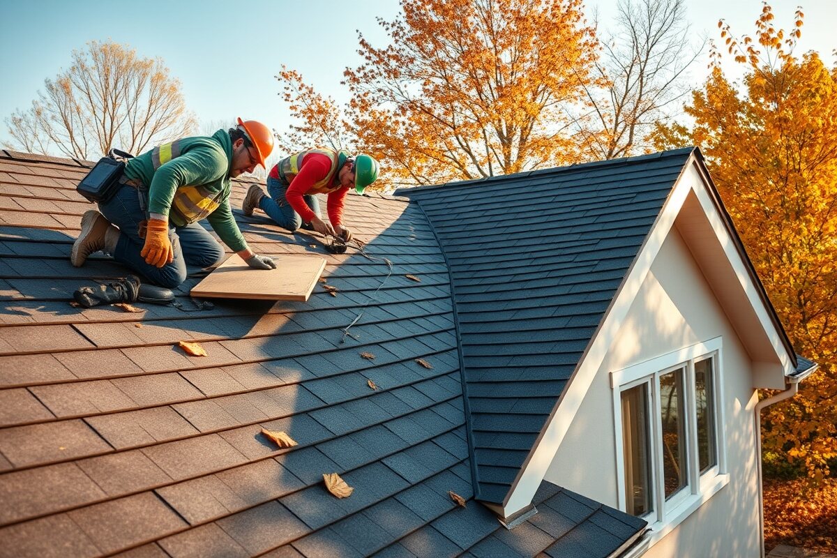 Roofing crew installing new asphalt shingles on a New England home under a clear autumn sky