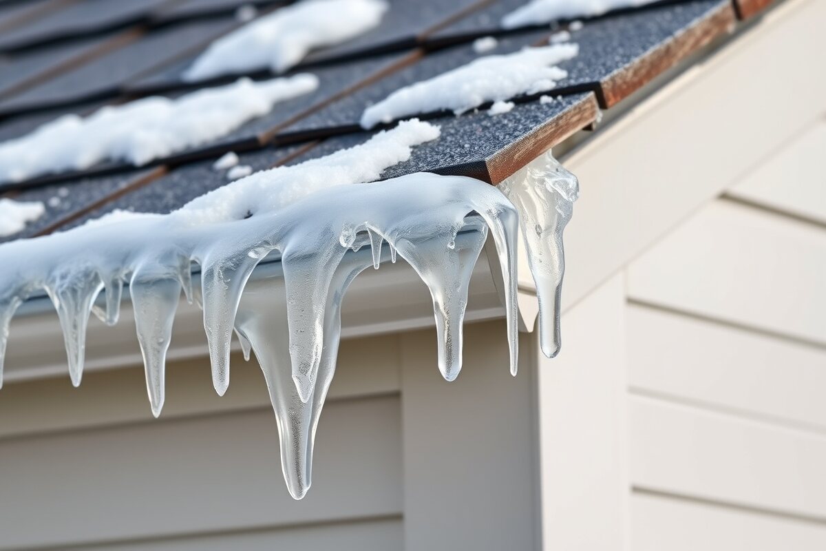 Cross-section of a New England roof showing attic heat melting snow that refreezes into an ice dam at the cold eave, with meltwater backing up under the shingles