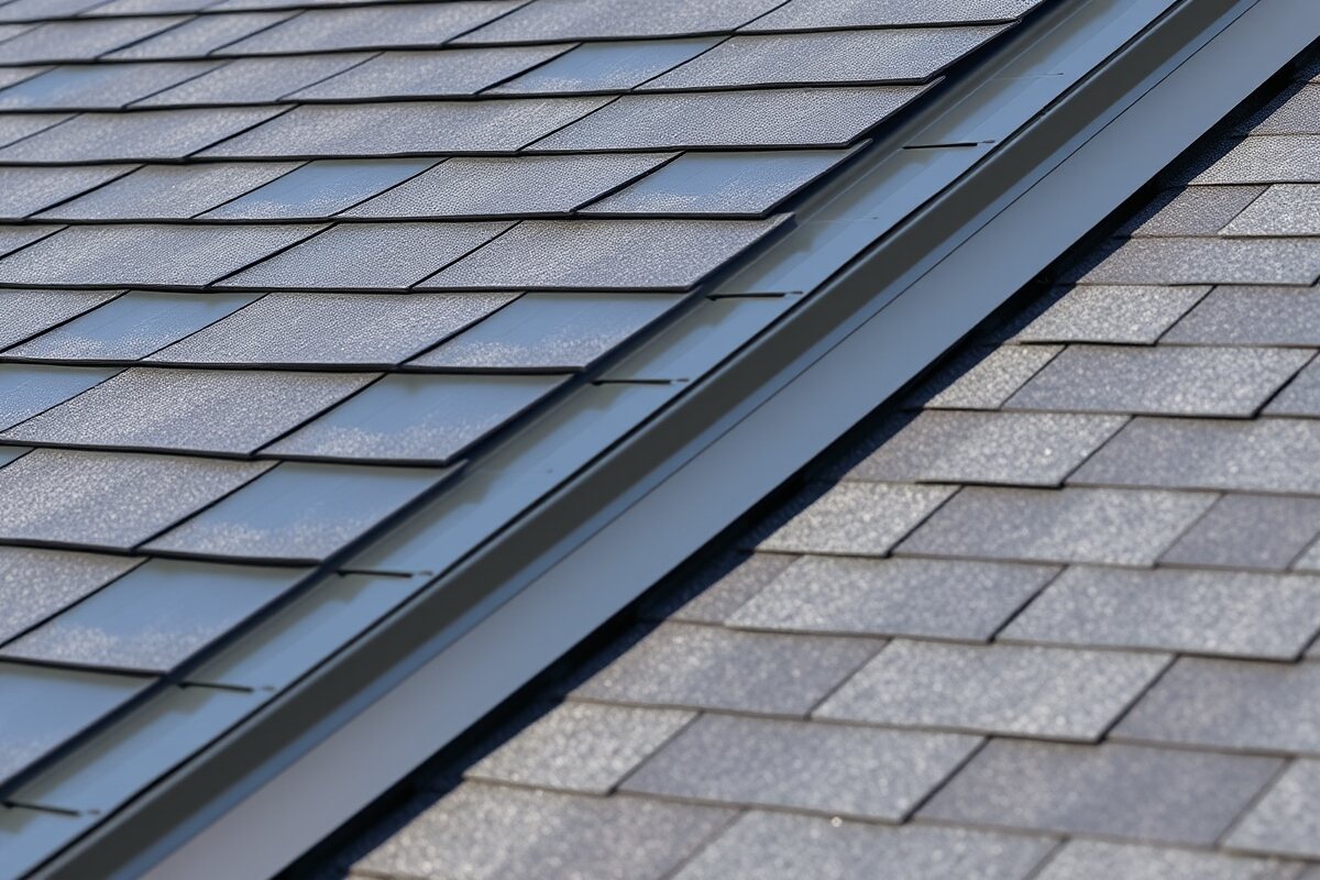 Side-by-side comparison of a gray standing seam metal roof and a dark architectural asphalt shingle roof on New England homes in winter