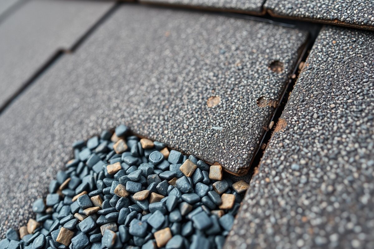 Close-up of curling, granule-bald asphalt shingles on an aging MetroWest Massachusetts roof