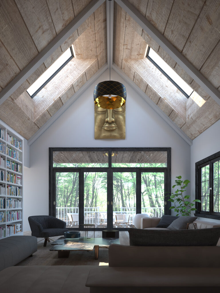 Modern living room with a cathedral ceiling and two skylights, flooding the space with natural light. The design combines rustic wood paneling and contemporary furniture, creating a bright and inviting atmosphere.